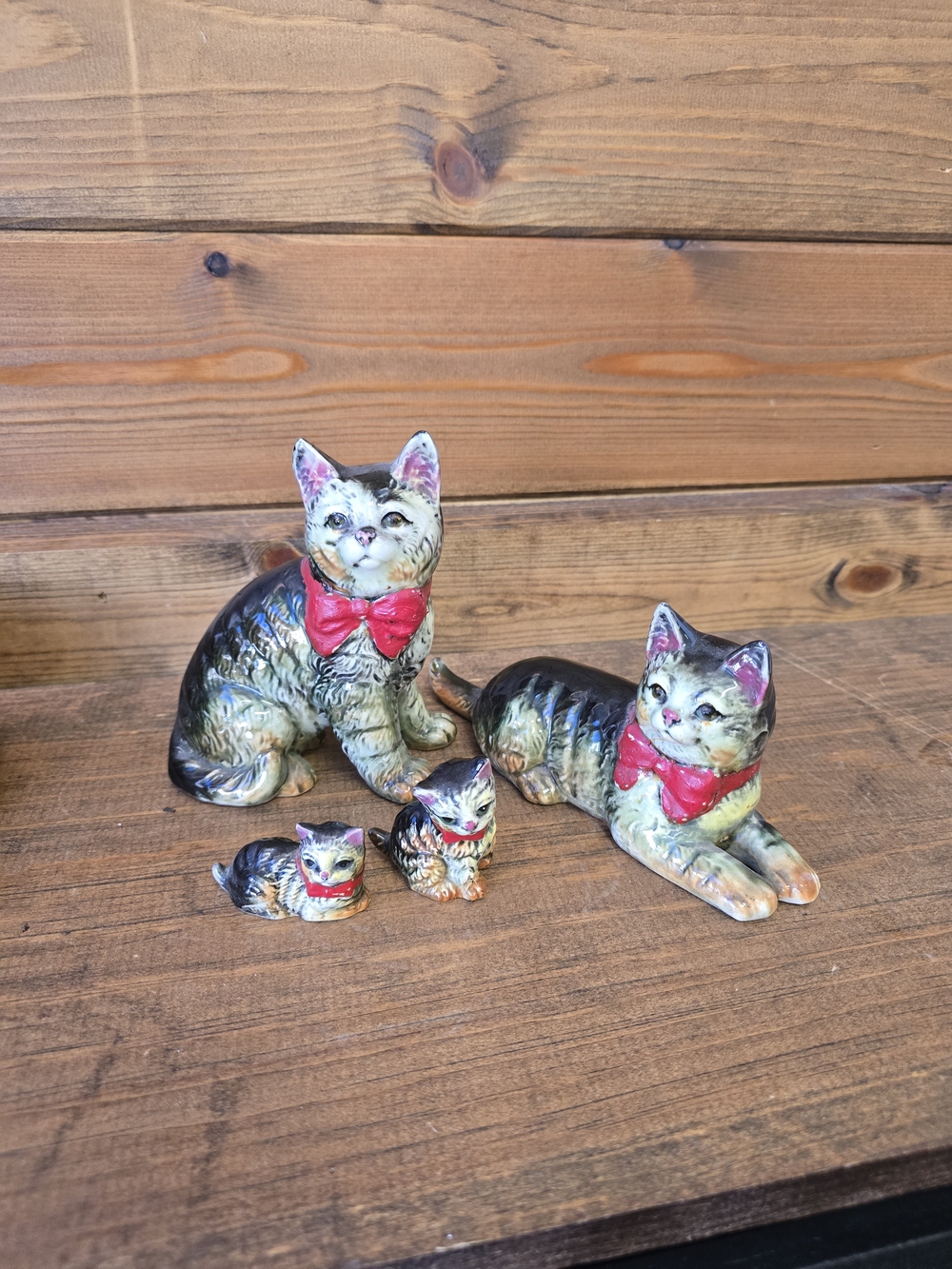 Royal Doulton Hand-Painted Cat Figurine Set with Red Bows and Greenish Body